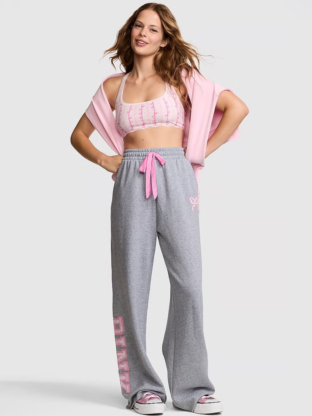 PINK x LoveShackFancy Gray Wide-Leg Sweatpants Pink Bow Ribbon Size M